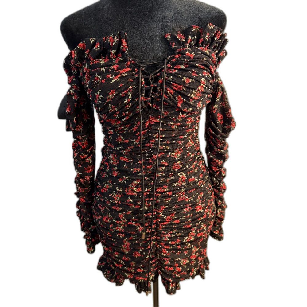 Mable Black Red Floral Ruched Mesh Mini Dress — Off Shoulder, Lace-Up